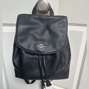 [Coach] Pebbled Black Leather Drawstring Button Flap Adjustable Backpack